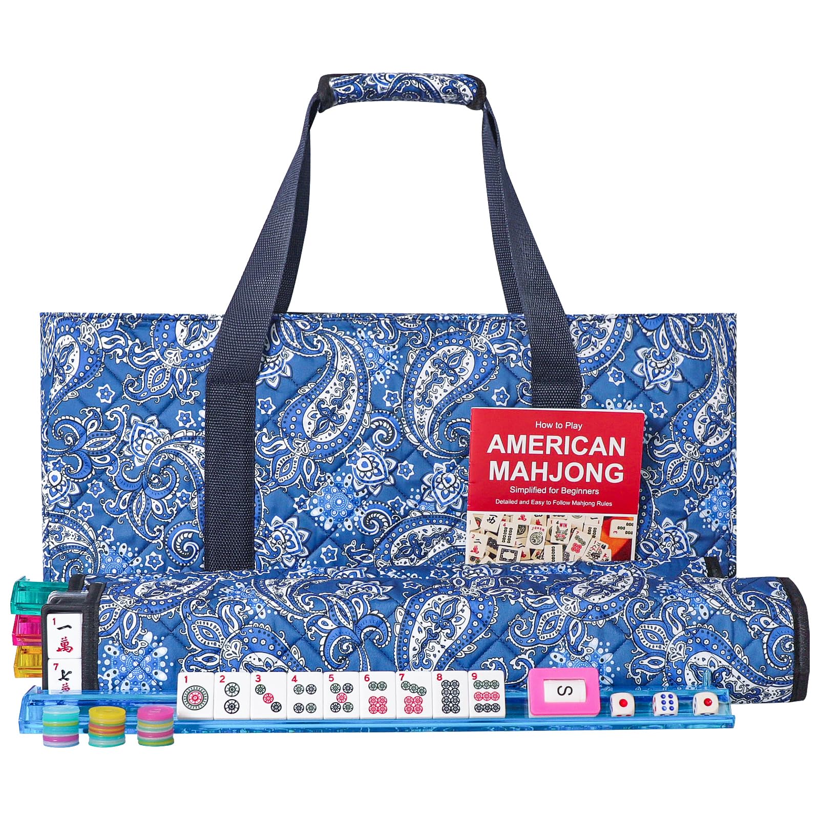 GUSTARIA American Mahjong Game Set 166 Quality White Tiles 4 All-in-One Color Rack/Pushers Mahjongg Tile Set with Blue Printed Carrying Bag